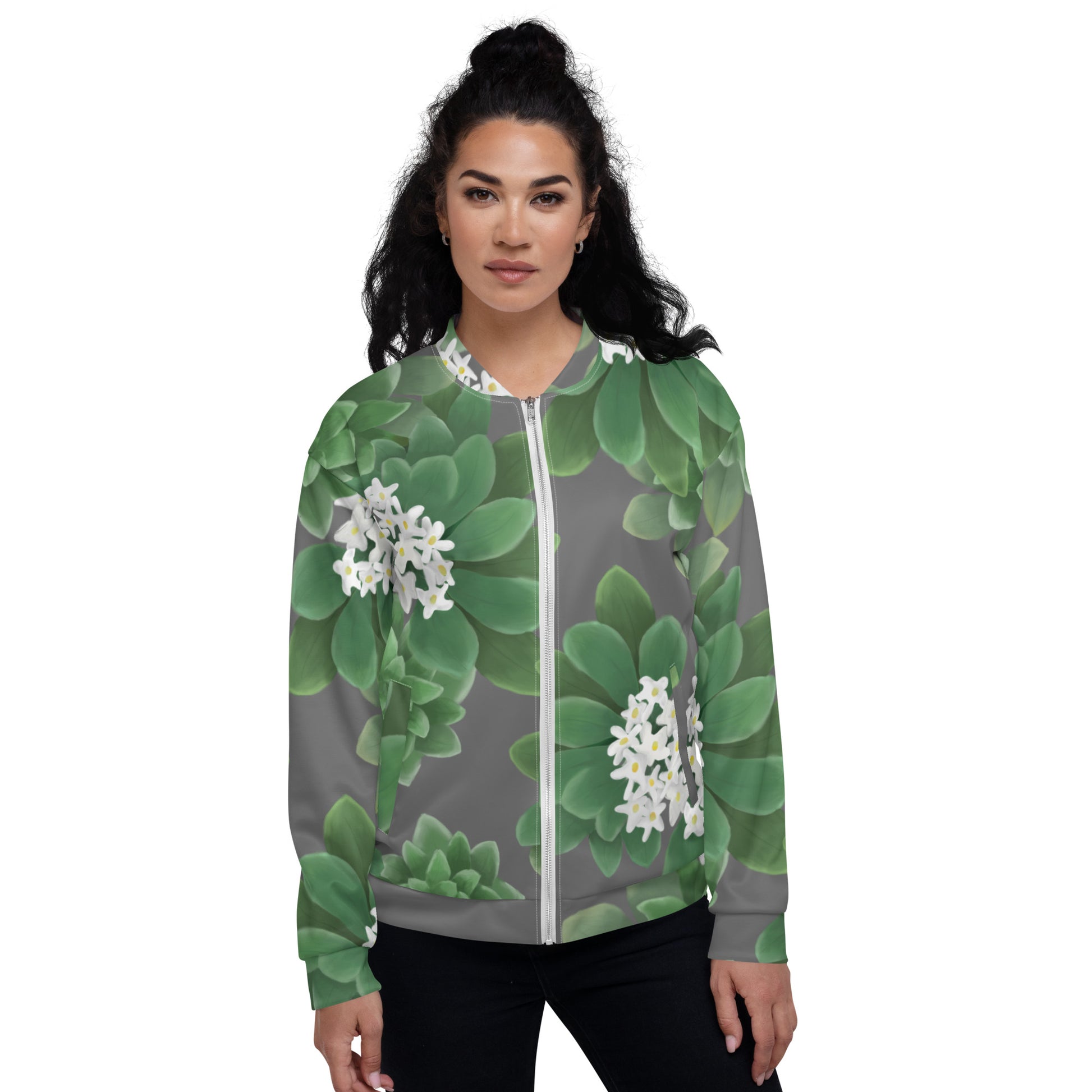 hawaii hinahina plant unisex bomber jacket female model