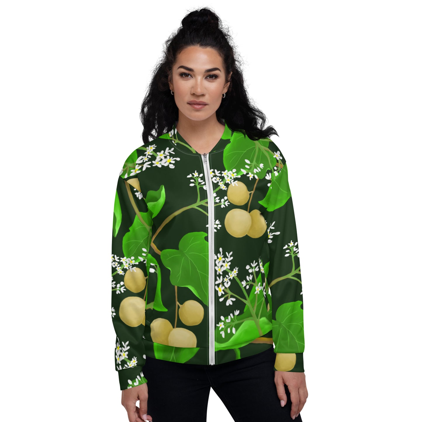hawaii kukui nut flower unisex bomber jacket female model