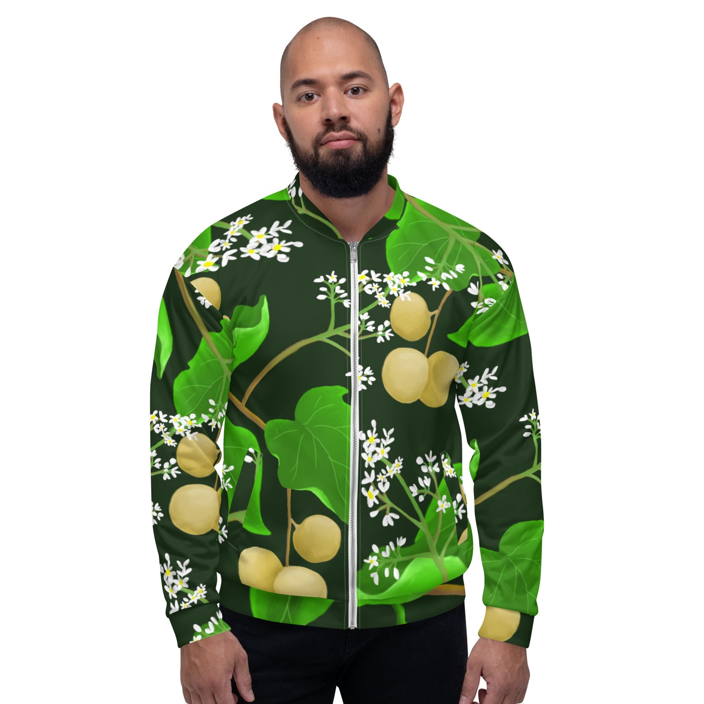 hawaii kukui nut flower unisex bomber jacket male model