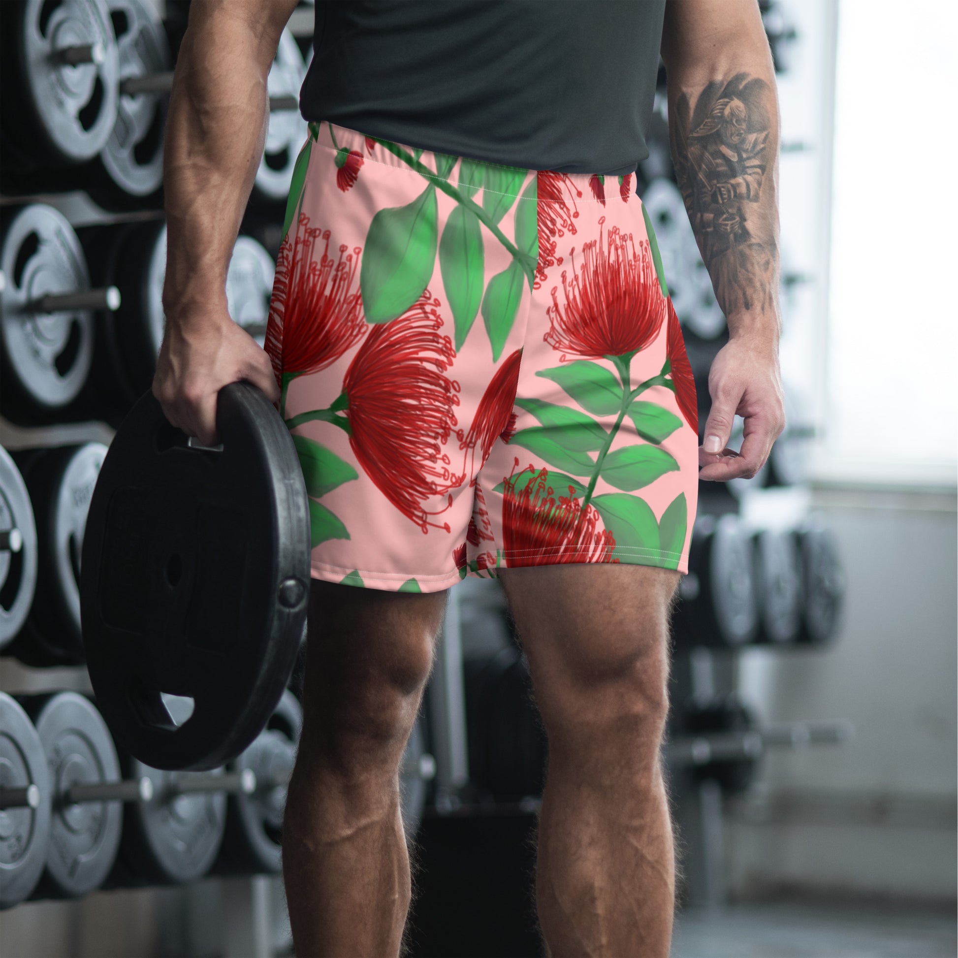 hawaii lehua flower kids mens athletic long shorts model front