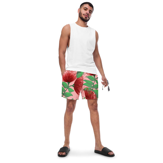 hawaii lehua flower men’s swim trunks front model